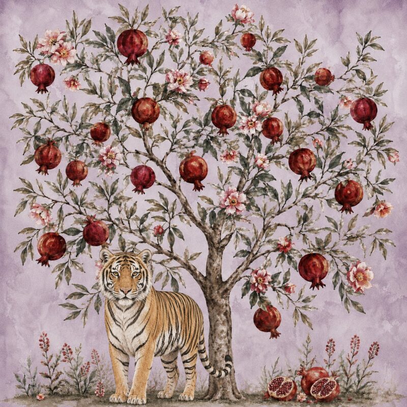 Tiger & Orange Tree III – turquoise, orange, sage indian miniature canvas wall art