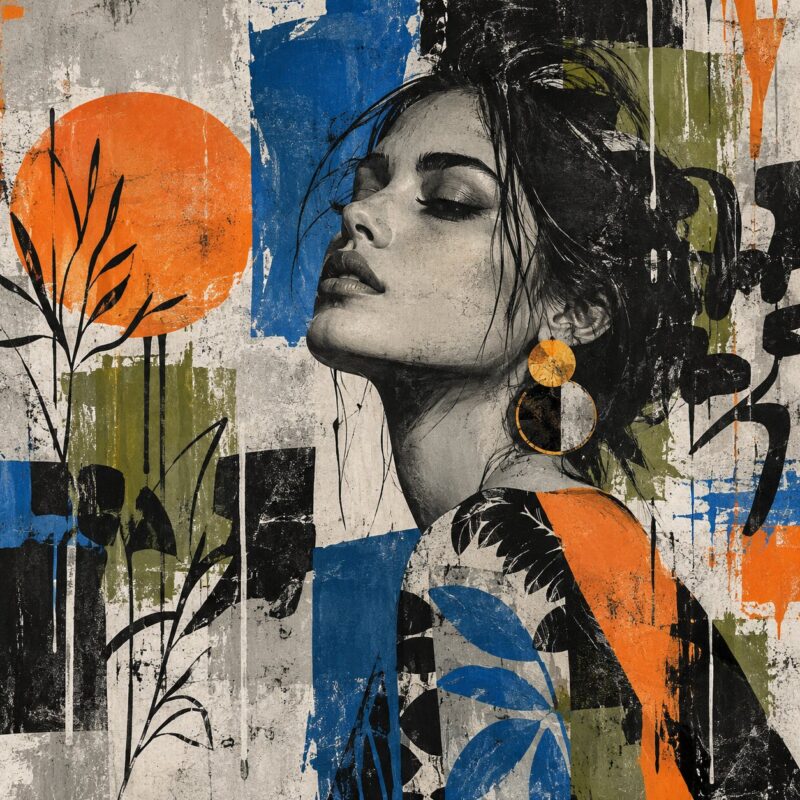 Urban Muse Collage – orange, cobalt, olive mixed media collage canvas wall art