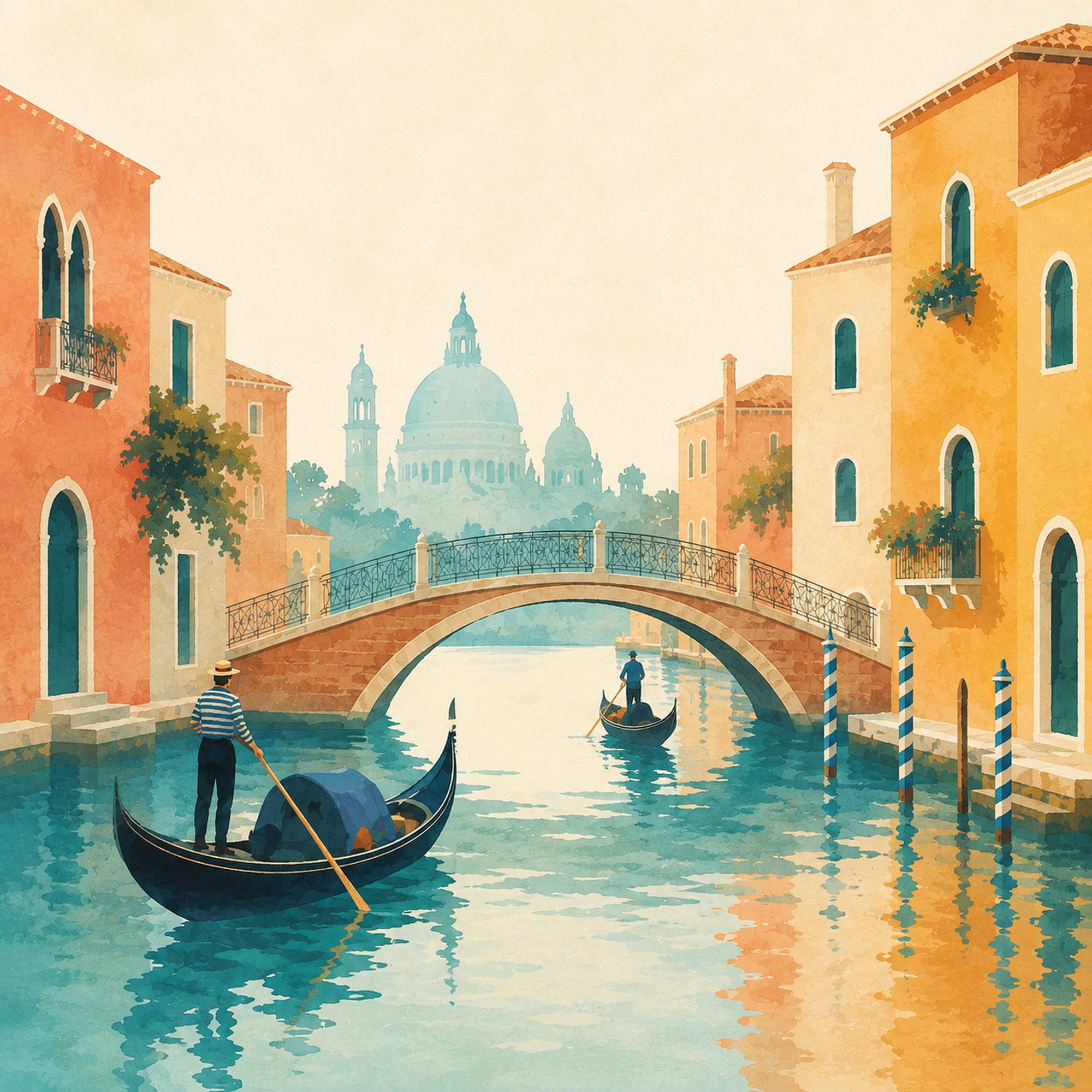 Venice Canal II – terracotta, teal, orange mid-century travel poster canvas wall art