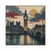 Vintage Skyline London – muted blue, red, cream vintage travel print canvas wall art
