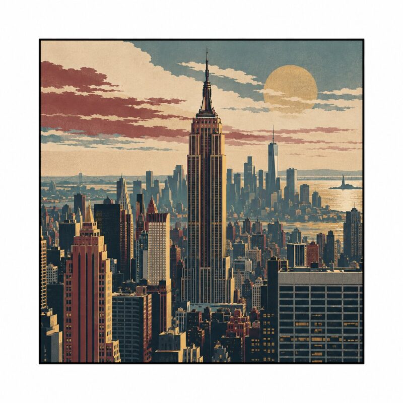 Vintage Skyline New York – muted blue, red, cream vintage travel print canvas wall art