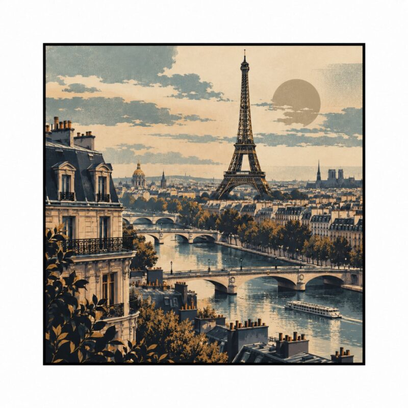 Vintage Skyline Paris – muted blue, red, cream vintage travel print canvas wall art