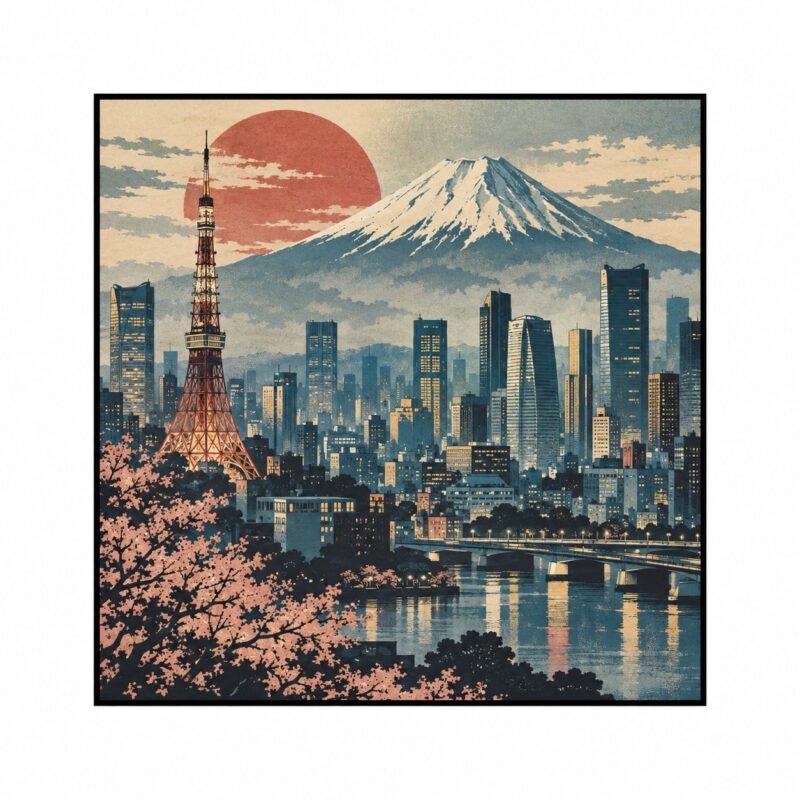 Vintage Skyline Tokyo – muted blue, red, cream vintage travel print canvas wall art