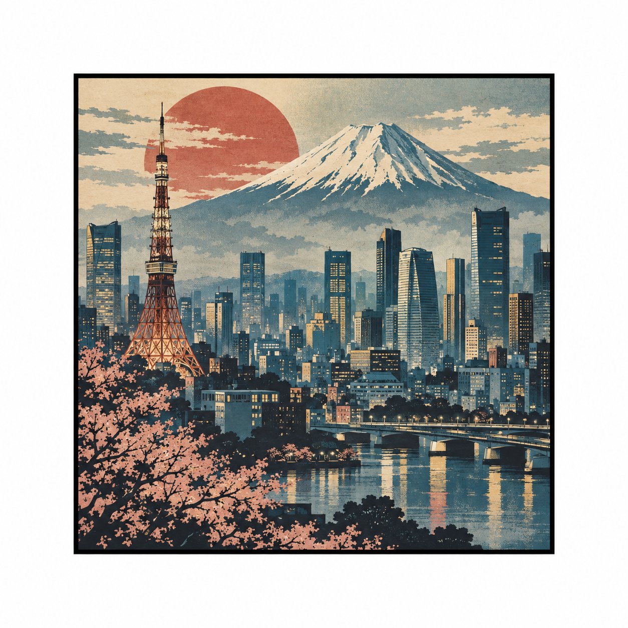 Vintage Skyline Tokyo – muted blue, red, cream vintage travel print canvas wall art