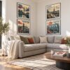 Vintage Skyline vintage travel print canvas wall art styled in an interior