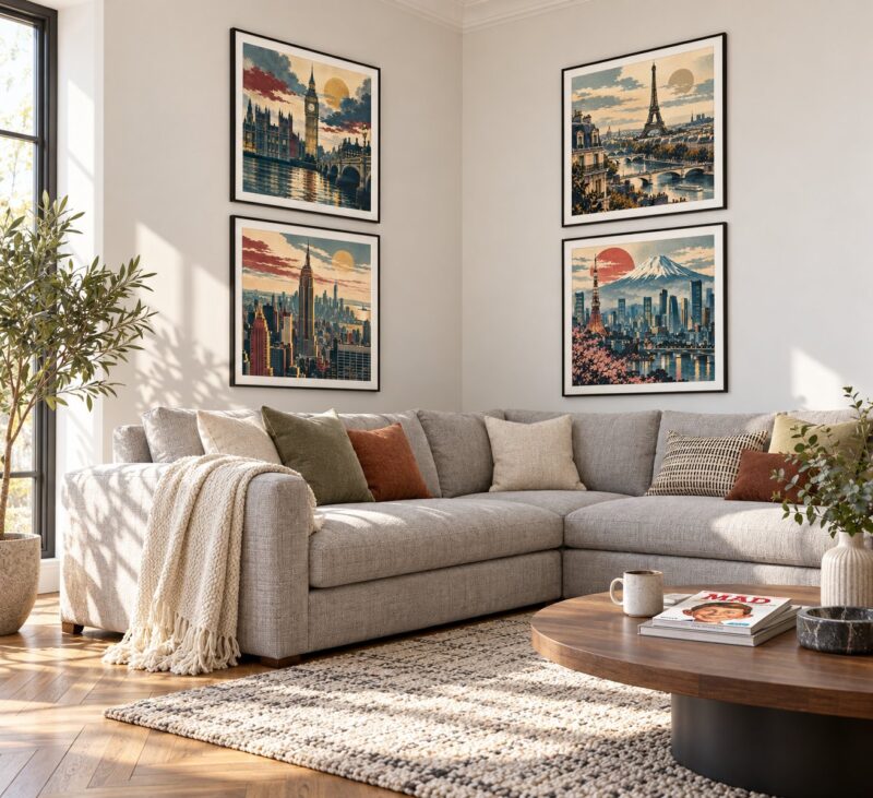 Vintage Skyline vintage travel print canvas wall art styled in an interior