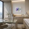 Violet Burst watercolour abstract canvas wall art styled in an interior