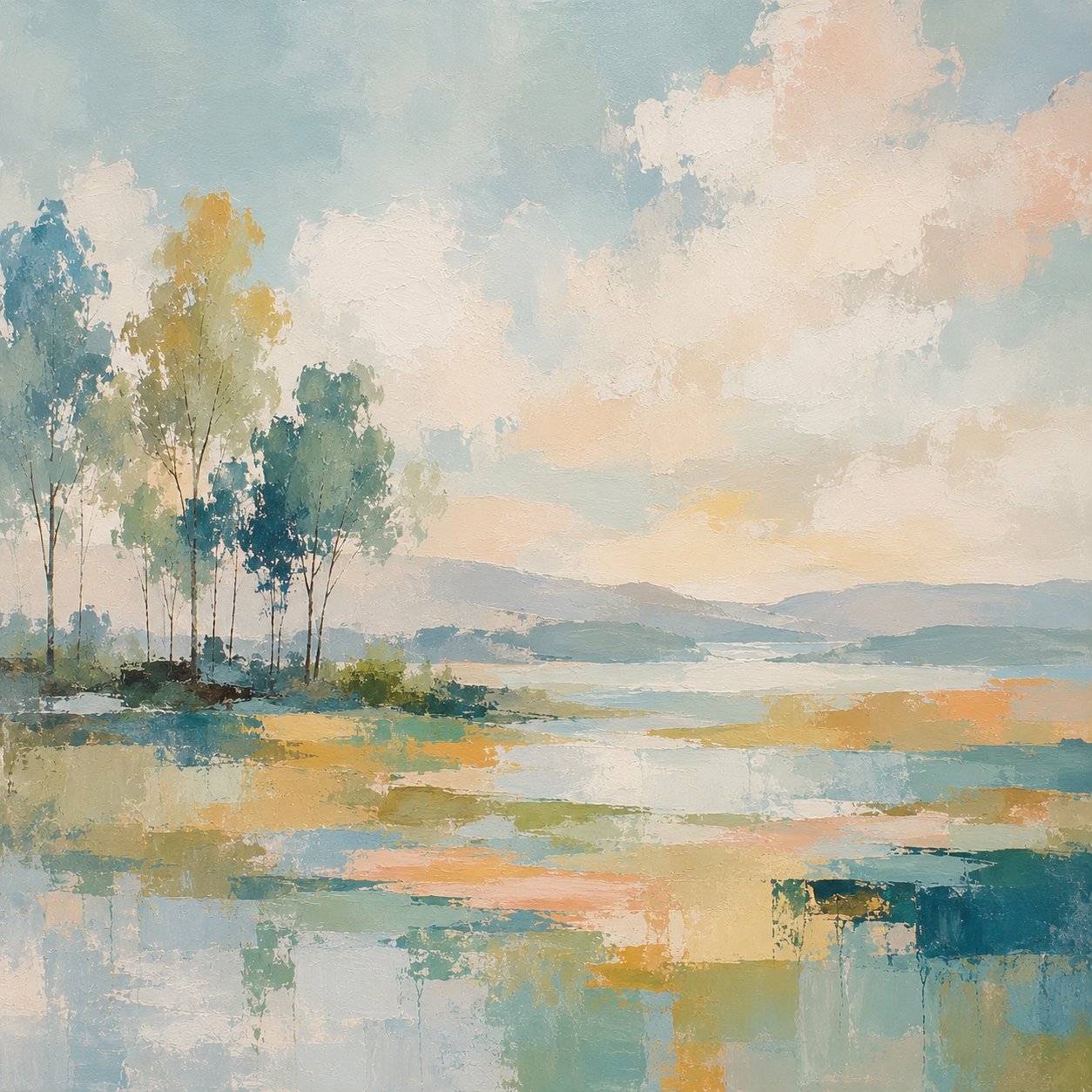 Watercolour Meadow II – sage, peach, sky blue watercolour impressionist landscape canvas wall art
