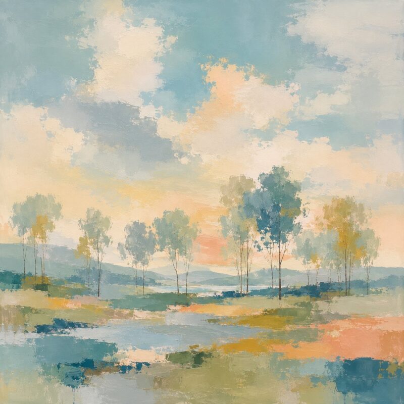 Watercolour Meadow III – sage, peach, sky blue watercolour impressionist landscape canvas wall art