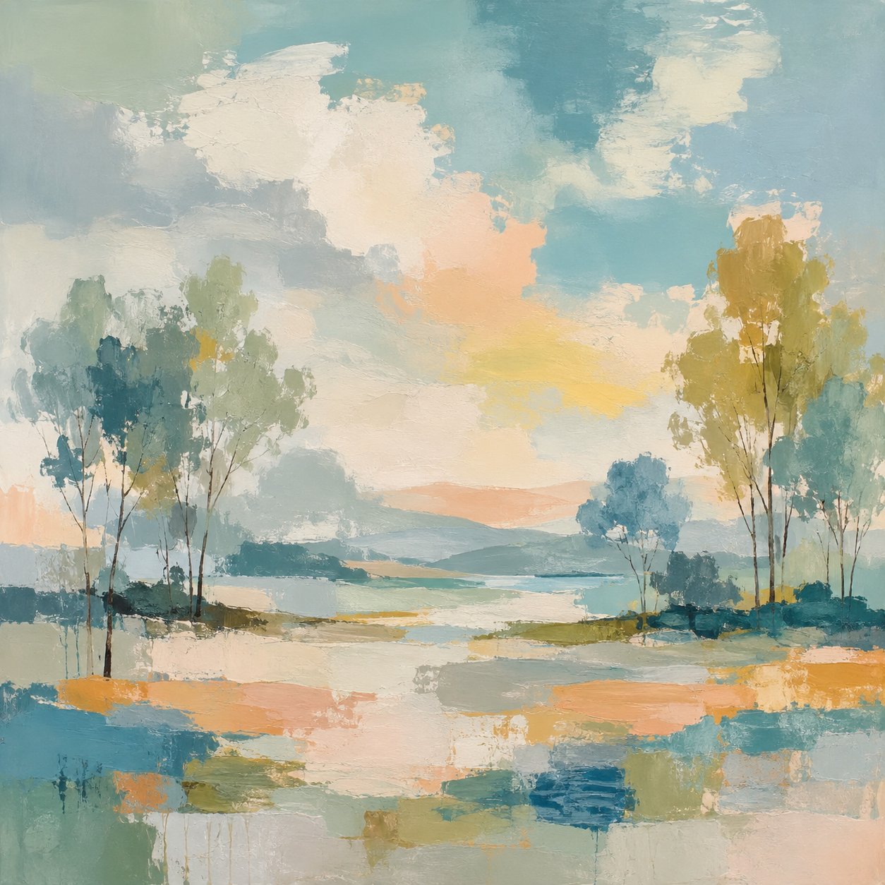 Watercolour Meadow IV – sage, peach, sky blue watercolour impressionist landscape canvas wall art