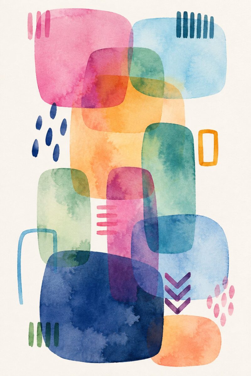 Watercolour Shapes I – pink, cobalt blue, orange watercolour canvas wall art