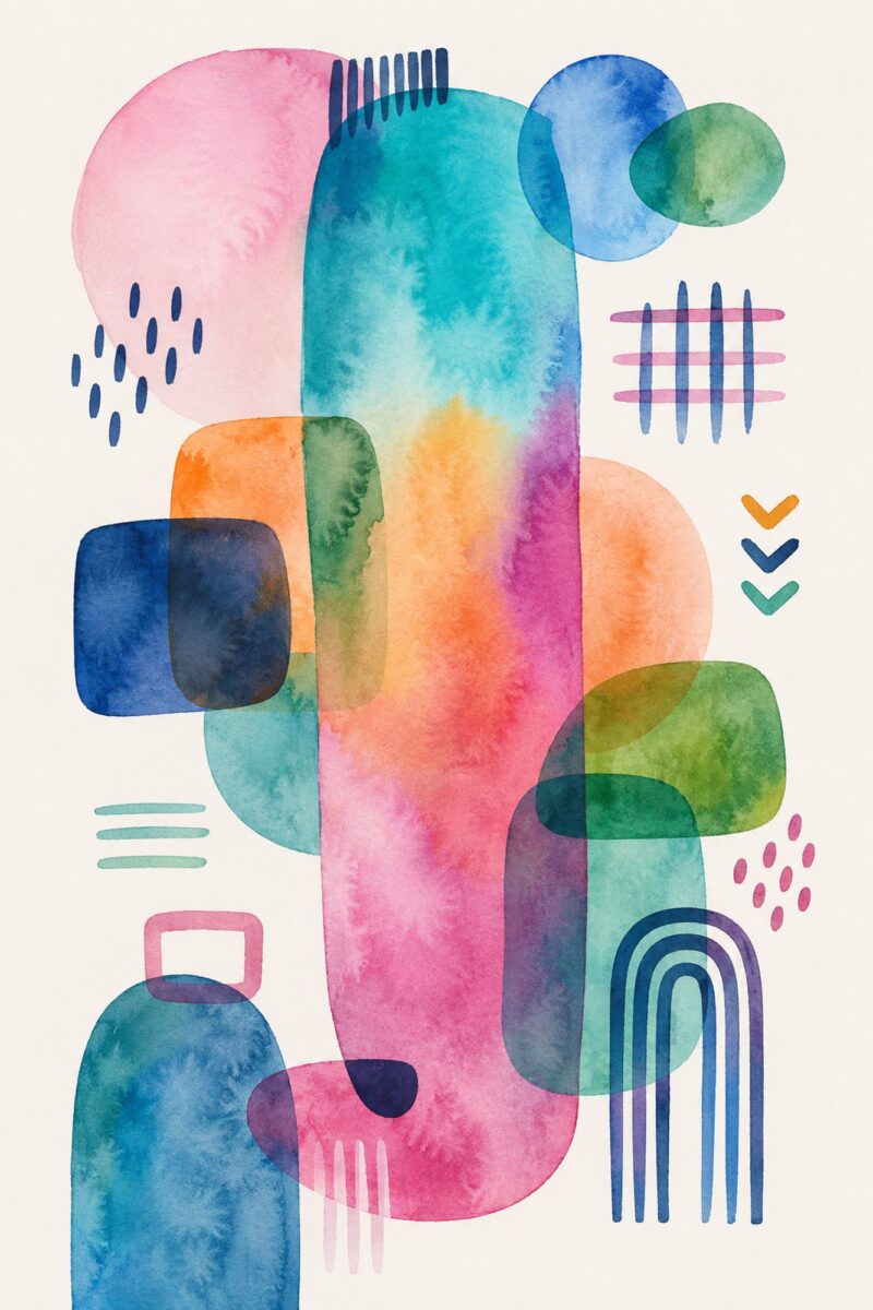 Watercolour Shapes II – pink, cobalt blue, orange watercolour canvas wall art