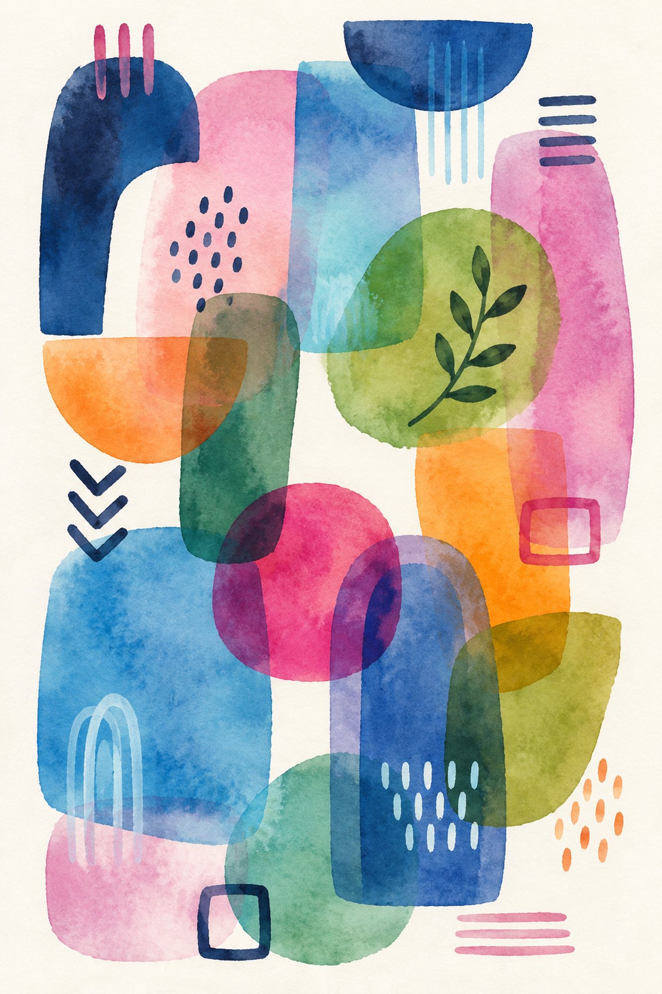 Watercolour Shapes III – pink, cobalt blue, orange watercolour canvas wall art