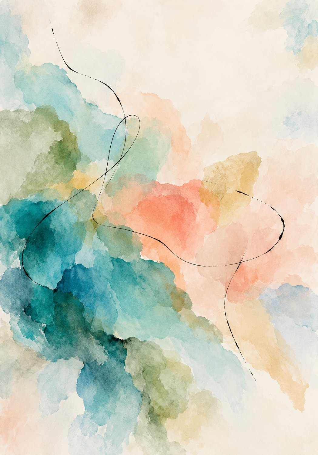 Watercolour Wash I – teal, coral, peach watercolour abstract canvas wall art