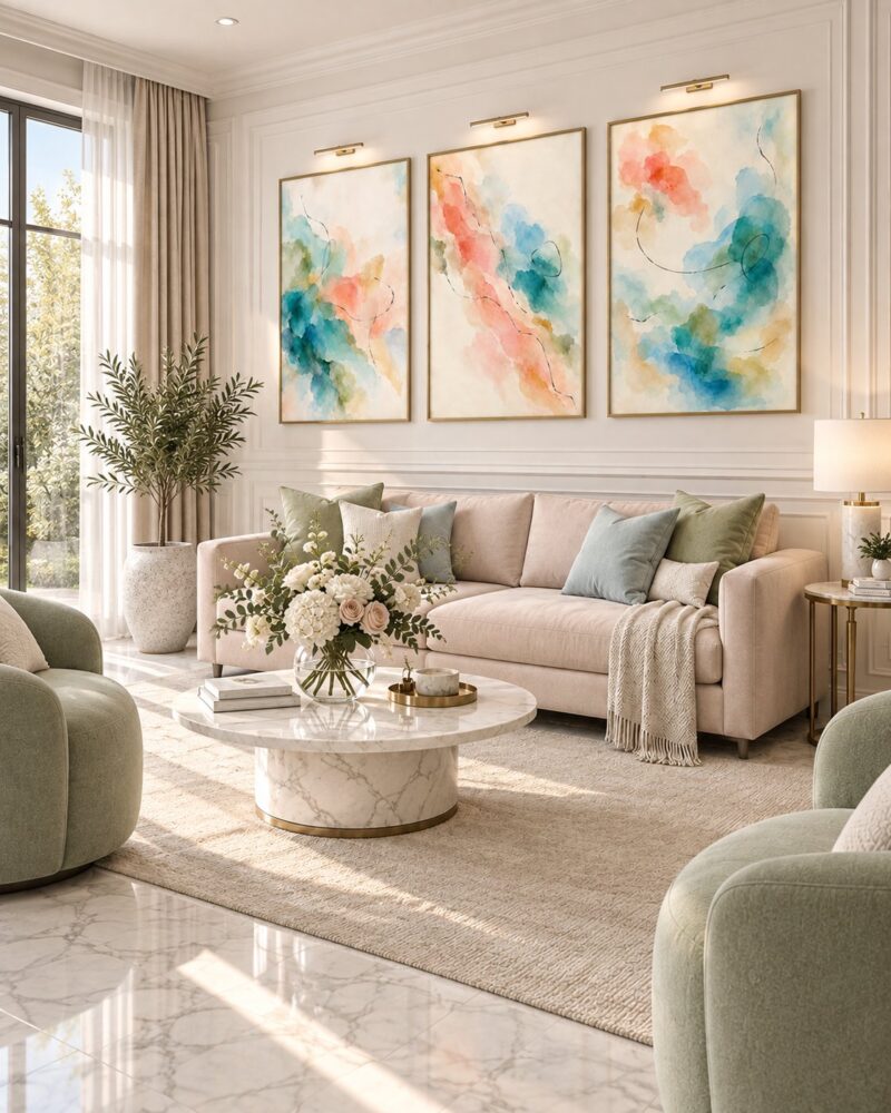 Watercolour Wash watercolour abstract canvas wall art styled in an interior